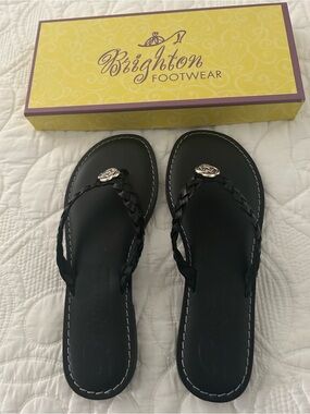Brighton Black Braided Thong Sandals with Silver Rosette Accents
